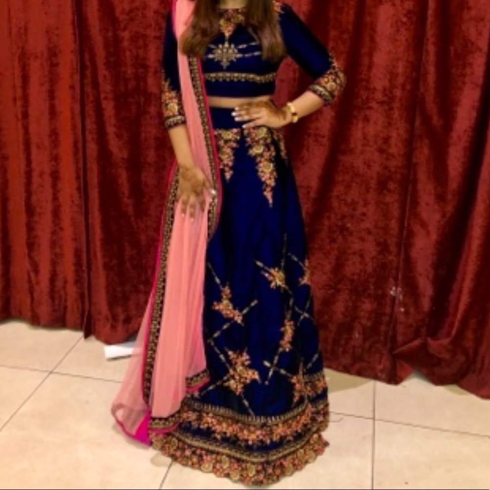 Blue and pink velvet lehenga